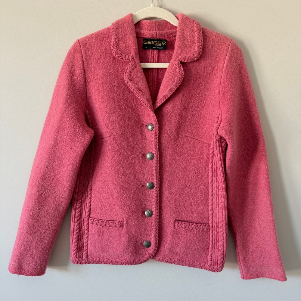 Geiger 100% Wool Pink Button-Up Jacket‎ Cardigan Womens Size 38 Metal Buttons